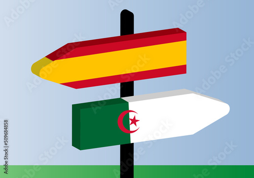 Desencuentro entre España y Argelia. Bandera de España y bandera de Argelia  en direcciones contrarias