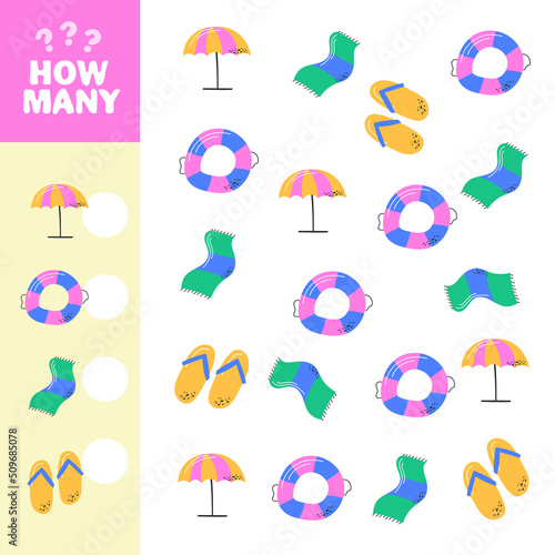Counting game, how many summer elements. Educational children game, printable worksheet, vector illustration