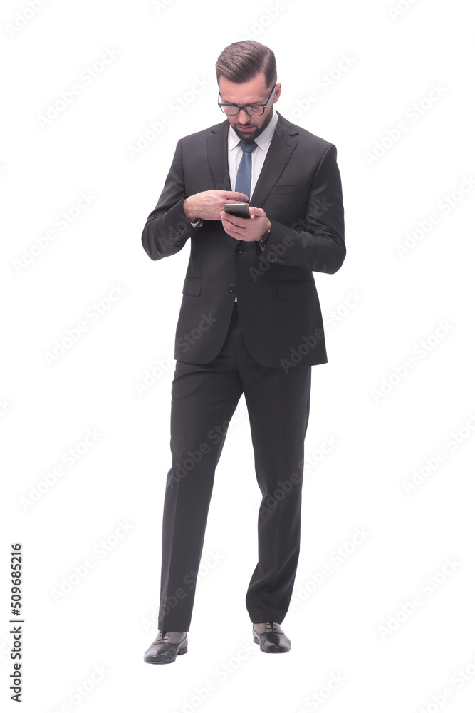 businessman reading e-mail on his smartphone . isolated on white businessman reading e-mail on his smartphone . isolated on white