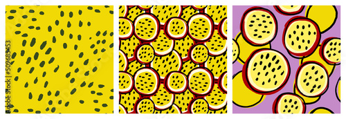 Passionfruit, abstract exotic fruit seamless pattern. Colorful kitchen textile or product packaging background in yellow, lilac and dark red colors.