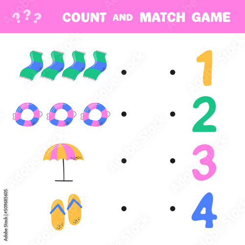 Counting game, how many summer elements. Educational children game, printable worksheet, vector illustration. How many - count and match.