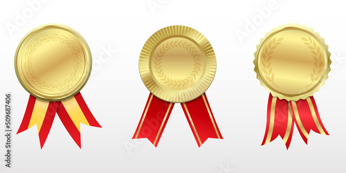 Gold medal set. Vector badge golden and red ribbon.