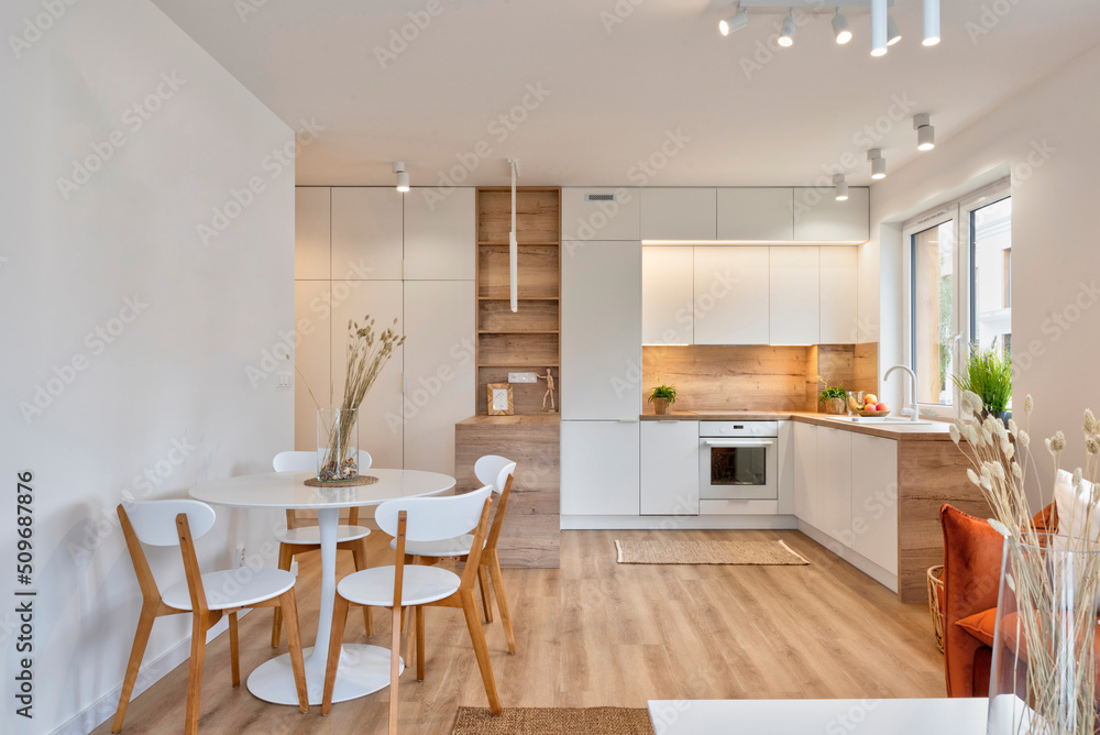 Kitchen interior with white furniture in scandinavian design and
