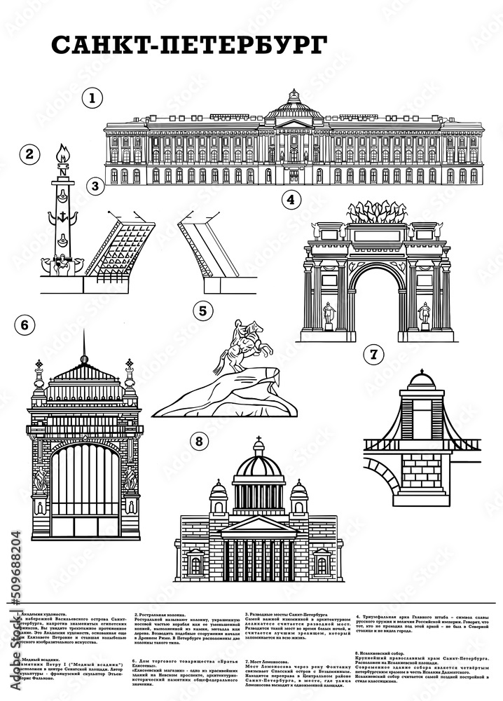 illustration of a poster depicting the sights of St. Petersburg.  black and white poster with the city.