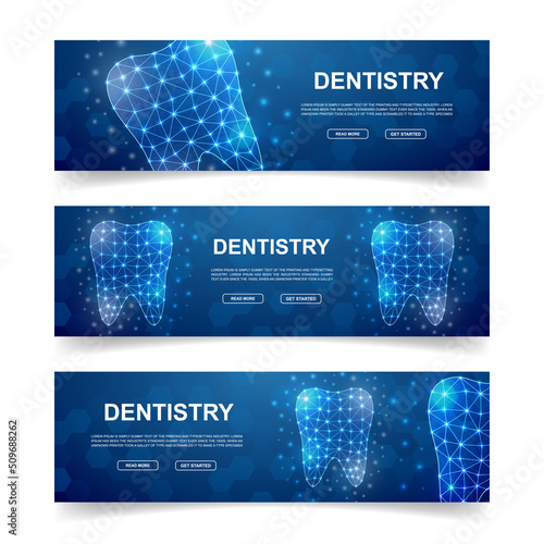 Set of three Tooth horizontal banners. Horizontal illustration for homepage design, promo banner. Dentistry low poly symbols with connected dots
