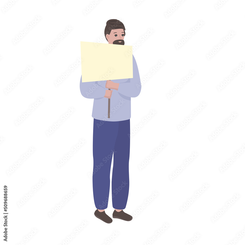 Male holding poster with place for text for advertisement. Adult man with paper poster. Isolated vector illustration. Male holding poster with place for text for advertisement. Adult man with paper poster. Isolated vector illustration.