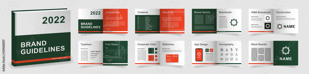 Brand Guidelines template. Dark Green Logo Guideline template. Multi-purpose Brand Manual presentation mockup. Logo Guide Book layout