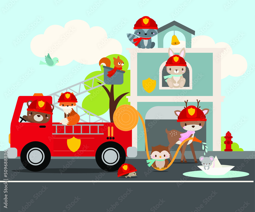 Obraz premium Firefigther woodland animals in firetruck at the fire house