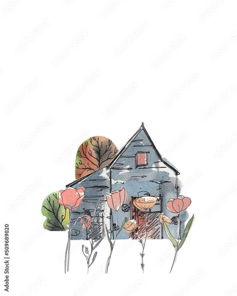 Watercolor Autumn Mood Poster - house, hand drawn, tree, flowers, floral composition frame