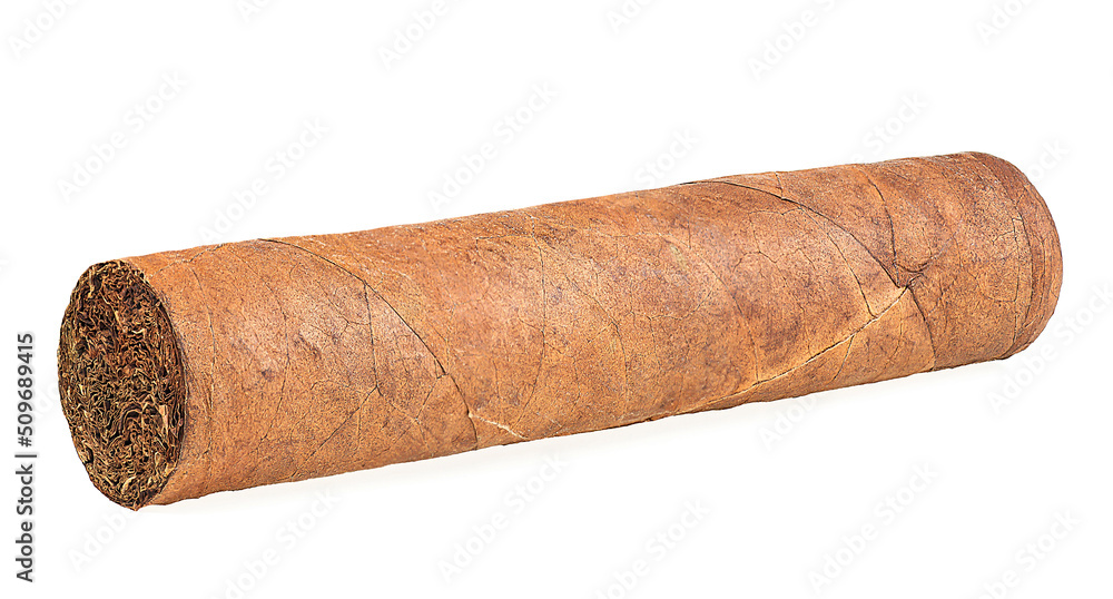 Brown cigar isolated on a white background. Cigar made with real tobacco leaves. Brown cigar isolated on a white background. Cigar made with real tobacco leaves.