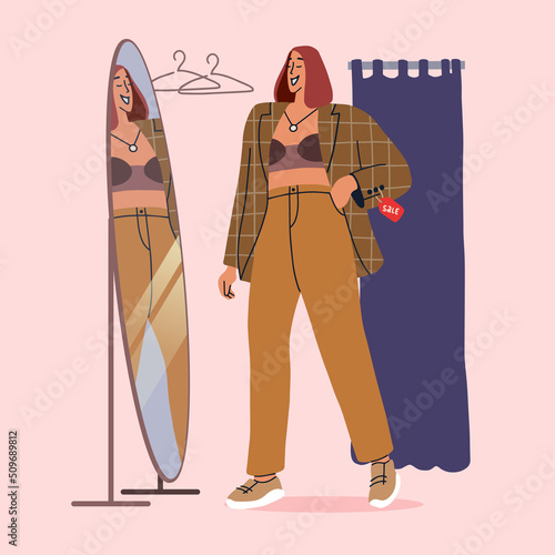 Smiling girl in the fitting room of a clothing store in flat style for print and design.Vector illustration.