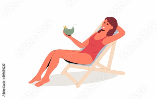 Murais de parede Woman in bikini sitting on sunbed and drink cocktail