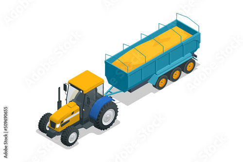 Isometric Agriculture Tractor with Grain Hopper Trailer. Semi tractor and used to haul bulk commodity products, such as grain