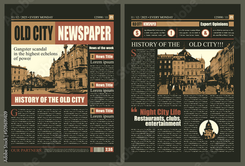 Vector city newspaper layout with headlines, illustrations