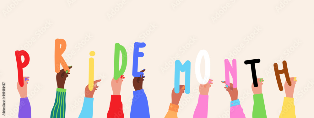 Group of diverse multi-ethnic multicultural people raised hands holding the text pride month. June Pride Parade banner of LGBTQ+ & Queer organization. New Social Justice. Group of diverse multi-ethnic multicultural people raised hands holding the text pride month. June Pride Parade banner of LGBTQ+ & Queer organization. New Social Justice.