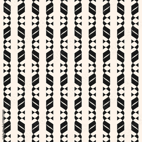 Abstract black and white geometric ornament. Vector seamless pattern with stripes, curved lines, grid, lattice. Elegant monochrome background texture. Modern repeat design for decor, textile, print