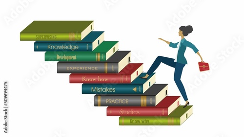 Climbing higher and higher in education and career stairs. Woman taking big steps. Vector illustration. Isolated on white background.