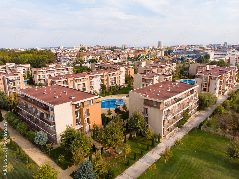 Fototapeta premium Summer holidays in Europe. Residential complex and hotels with pool on Sunny Beach in Bulgaria.