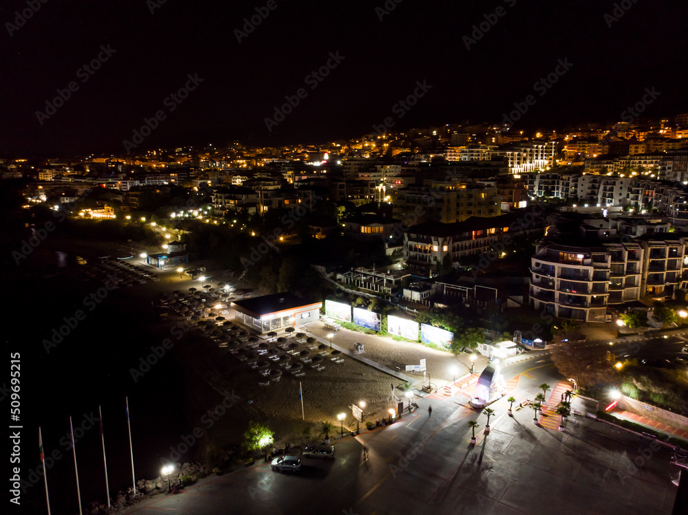 night view of the sea port of Sveti Vlas in Bulgaria. Summer holiday in Europe. Aerial photography, drone view.