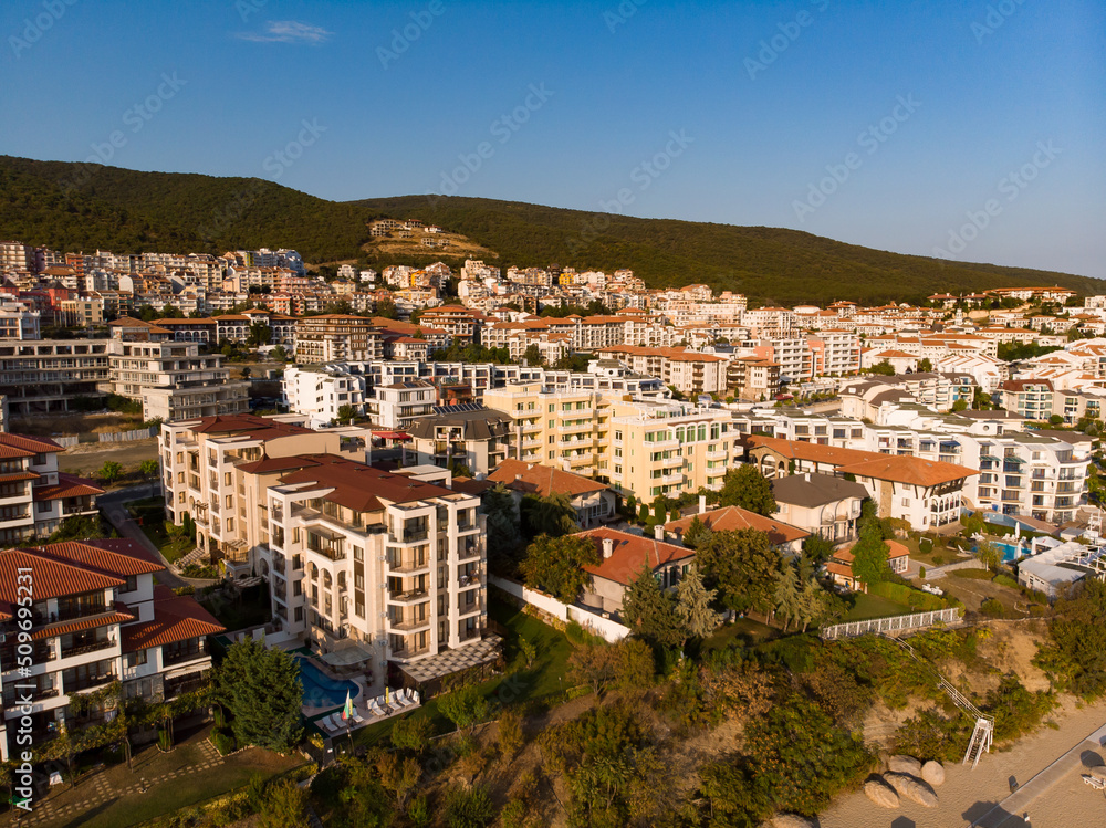 Buildings in Sveti Vlas in Bulgaria. Aerial photography, drone view. Summer holidays in Europe during quarantine.