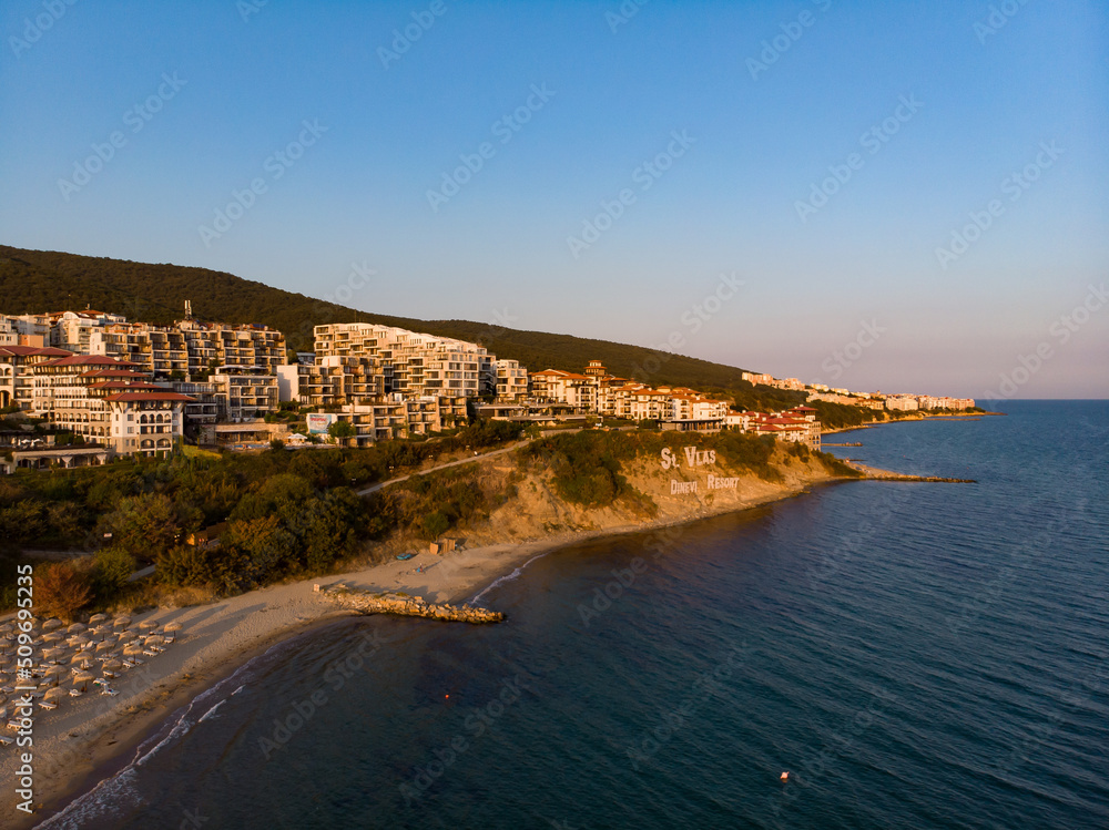 Sea cost of Sveti Vlas in Bulgaria. Aerial photography, drone view. Summer holidays in Europe during quarantine.