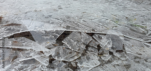 Thin cracked ice during the first spring thaws.