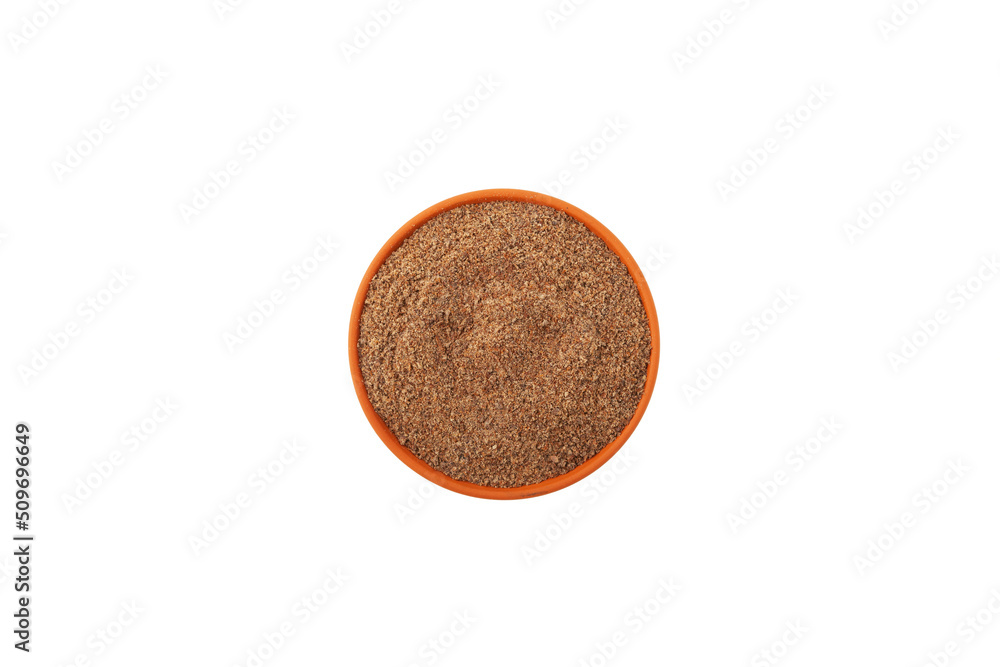 Milk Thistle powder or Silybum marianum extract in clay plate on white background, top view. Herbal superfood for aiding liver function. Natural antioxidant Milk Thistle powder or Silybum marianum extract in clay plate on white background, top view. Herbal superfood for aiding liver function. Natural antioxidant