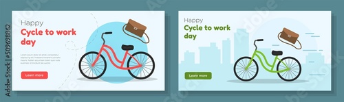 Happy cycle to work day 2022 online banner template set, ecological environmental friendly transport advertisement, horizontal ad, bike riding celebration webpage, e-bike creative brochure, isolated