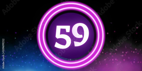 Number 59. Banner with the number fifty nine on a black background and blue and purple details with a circle purple in the middle photo