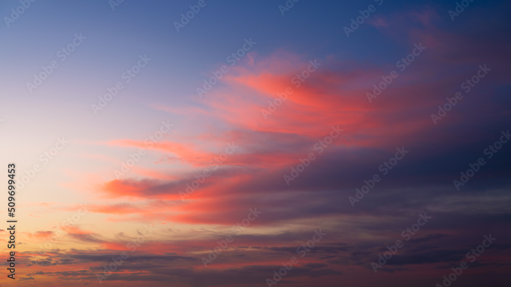 Sky with clouds during sunset. Pink clouds and blue sky. A high-resolution photograph. Panoramic photo for design and background.