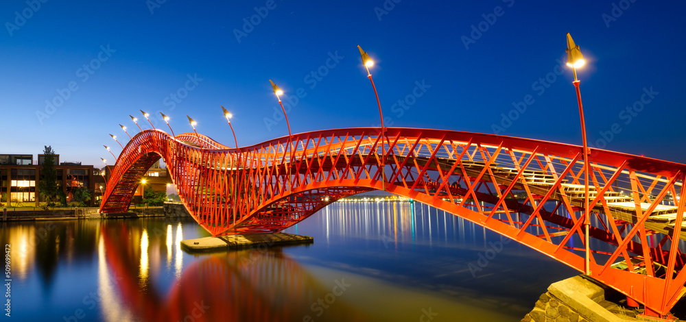 Obraz na płótnie A bridge in the city at night. The bridge against the sky during the blue hour. The Python Bridge, Amsterdam, the Netherlands. Panoramic photography for design and background.. w salonie