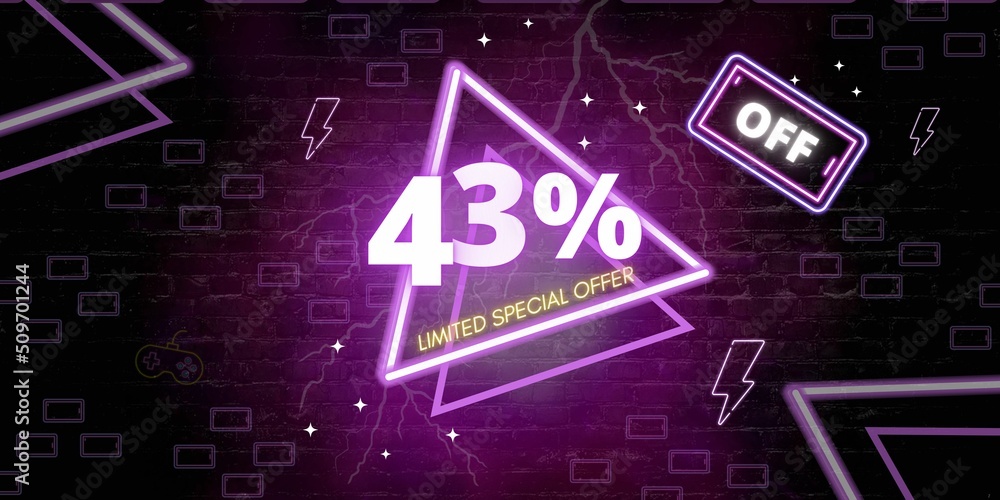 43% off limited special offer. Banner with forty three percent discount on a black background with purple triangles neon 43% off limited special offer. Banner with forty three percent discount on a black background with purple triangles neon