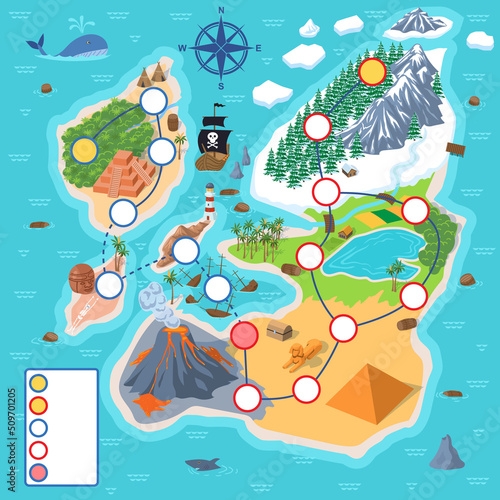 Digital Game Map Layout. Fantasy pirate mobile game with quests, islands, volcano and treasure hunt. Design for interface of entertainment application for children. Cartoon flat vector illustration