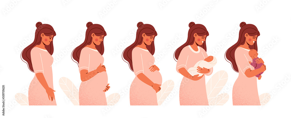 Pregnancy Calendar concept. Woman goes through all stages of pregnancy from conception to childbirth. Changes in female body during pregnancy. Cartoon flat vector set isolated on white background - obrazy, fototapety, plakaty 