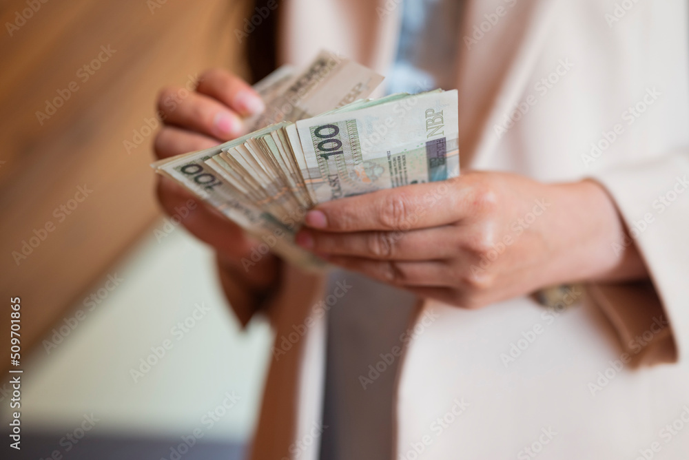 a girl holds banknotes money polish zloty in her hands for payment - obrazy, fototapety, plakaty 