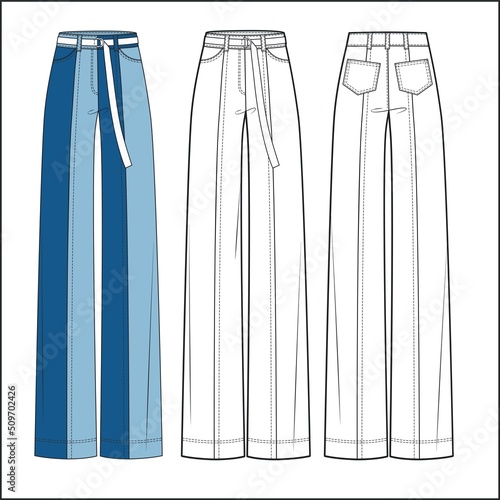 Girl's Jeans pants fashion flat design. Women's Denim pants, Jeans technical fashion flat template. Jeans pants with full length, normal low waist, pockets, patchwork design.