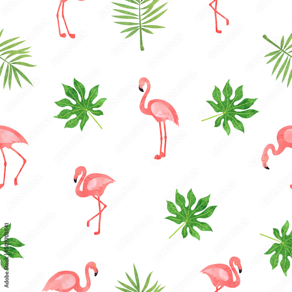 Obraz premium Seamless flamingo bird pattern. Vector tropical background with watercolor flamingos and exotic leaves