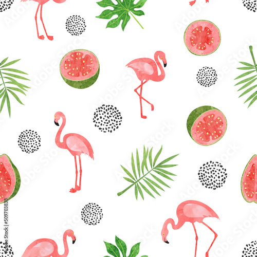 Flamingo bird pattern. Vector seamless watercolor tropical background with flamingo and exotic leaves