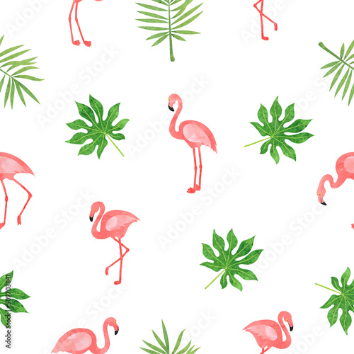 Seamless flamingo bird pattern. Vector tropical background with watercolor flamingos and exotic leaves