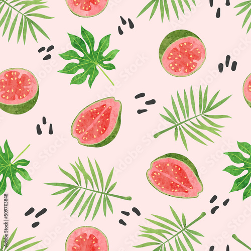 Seamless guava fruit pattern. Vector watercolor exotic fruit and leaves background.	