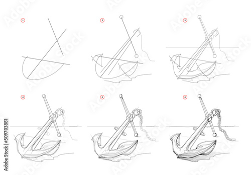 Page shows how to learn to draw sketch of old sea anchor. Creation step by step pencil drawing. Educational page for artists. Textbook for developing artistic skills. Online education. Vector image. photo