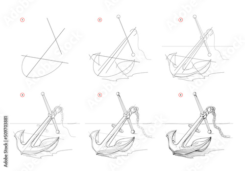 Page shows how to learn to draw sketch of old sea anchor. Creation step by step pencil drawing. Educational page for artists. Textbook for developing artistic skills. Online education. Vector image.