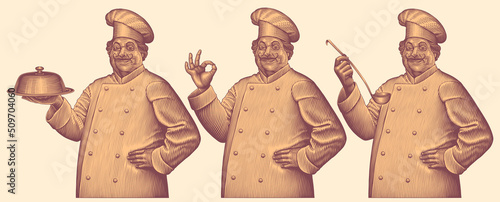 Three chefs. Design set. Editable hand drawn illustration. Vector vintage engraving. 8 EPS