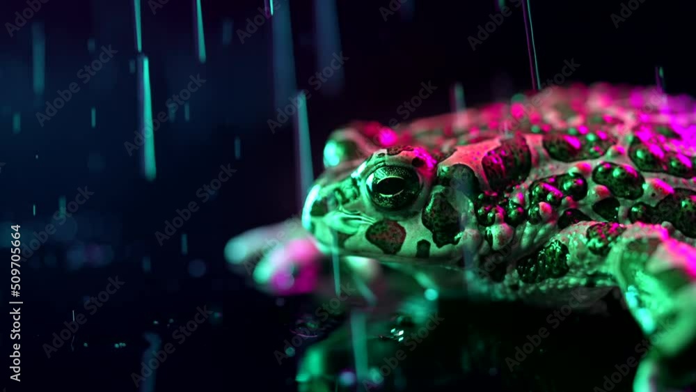 Wild ground toad under rain drops, close-up night shot, blue neon ...