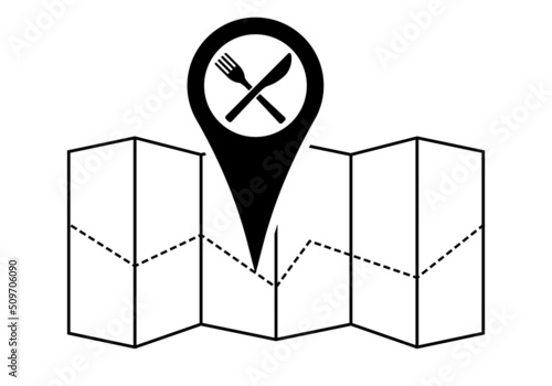 Gps map outline with location pin, restaurant sign vector icon. Gps marker with map design illustration isolated on white background, to use in gps, travel, restaurant, turism design projects.

