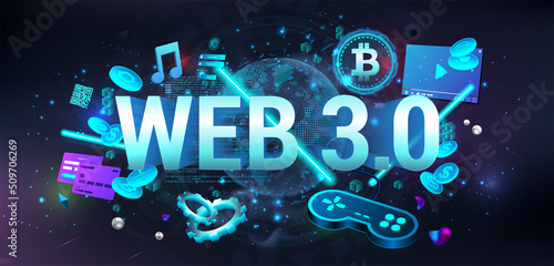 Web 3.0 is a new generation of the Internet, using blockchain and artificial intelligence - Ai. Web 3.0 - blockchain system, simple code, cryptocurrency. Modern internet technologies IoT. 3D banner