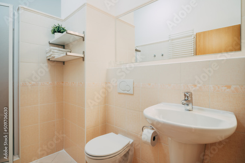 Small ordinary bathroom with retro tiles in an older hotel room. Everything is beautifully clean. The bathroom has common equipment such as whasbasins, mirrors, lamps and so on. The doors are wooden.