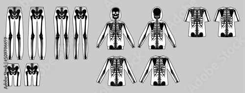 Set of Skeleton costume Human bones on shirts, pants front back view men women, boy, girl for Halloween, festivals, printing on clothes flat black color concept Vector illustration of anatomy isolated