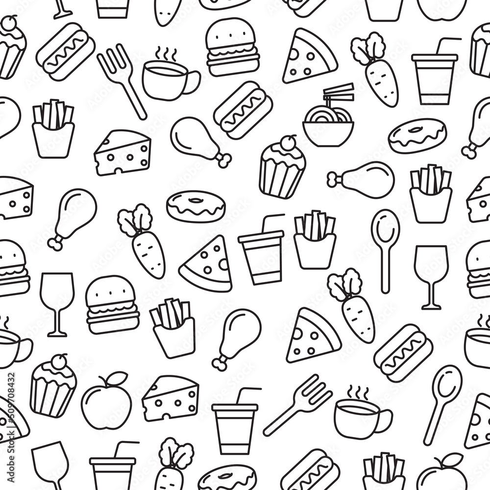 Foods doodle seamless pattern with a black and white color suitable for the background Foods doodle seamless pattern with a black and white color suitable for the background