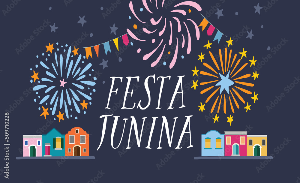Festa junina, Brazilian june party greeting card, invitation. Sao Joao Latin American holiday. Bunting flags, lanterns, colorful houses and fireworks. Vector illustration background, flat design. Festa junina, Brazilian june party greeting card, invitation. Sao Joao Latin American holiday. Bunting flags, lanterns, colorful houses and fireworks. Vector illustration background, flat design.